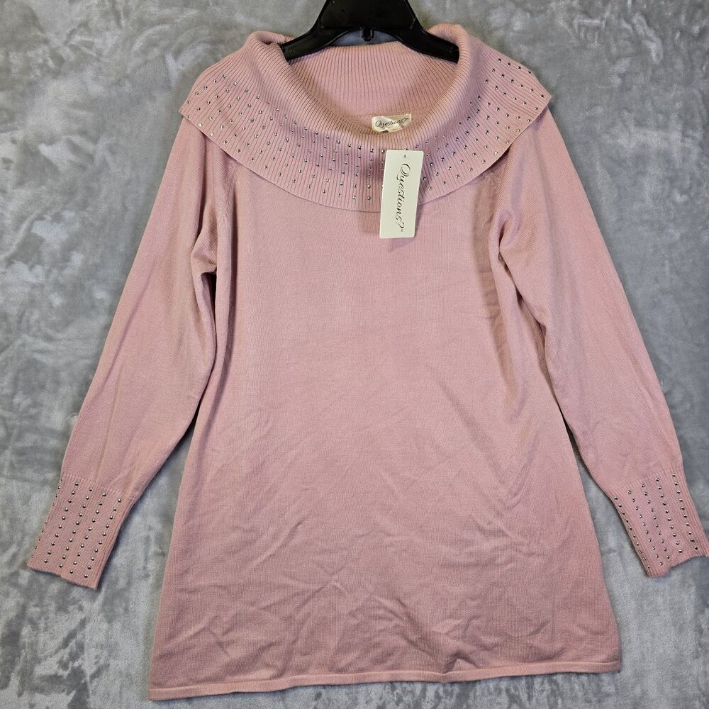 NWT Questions? Cowl Neck Sweater Women XL Pink Silver Stud Embellishments